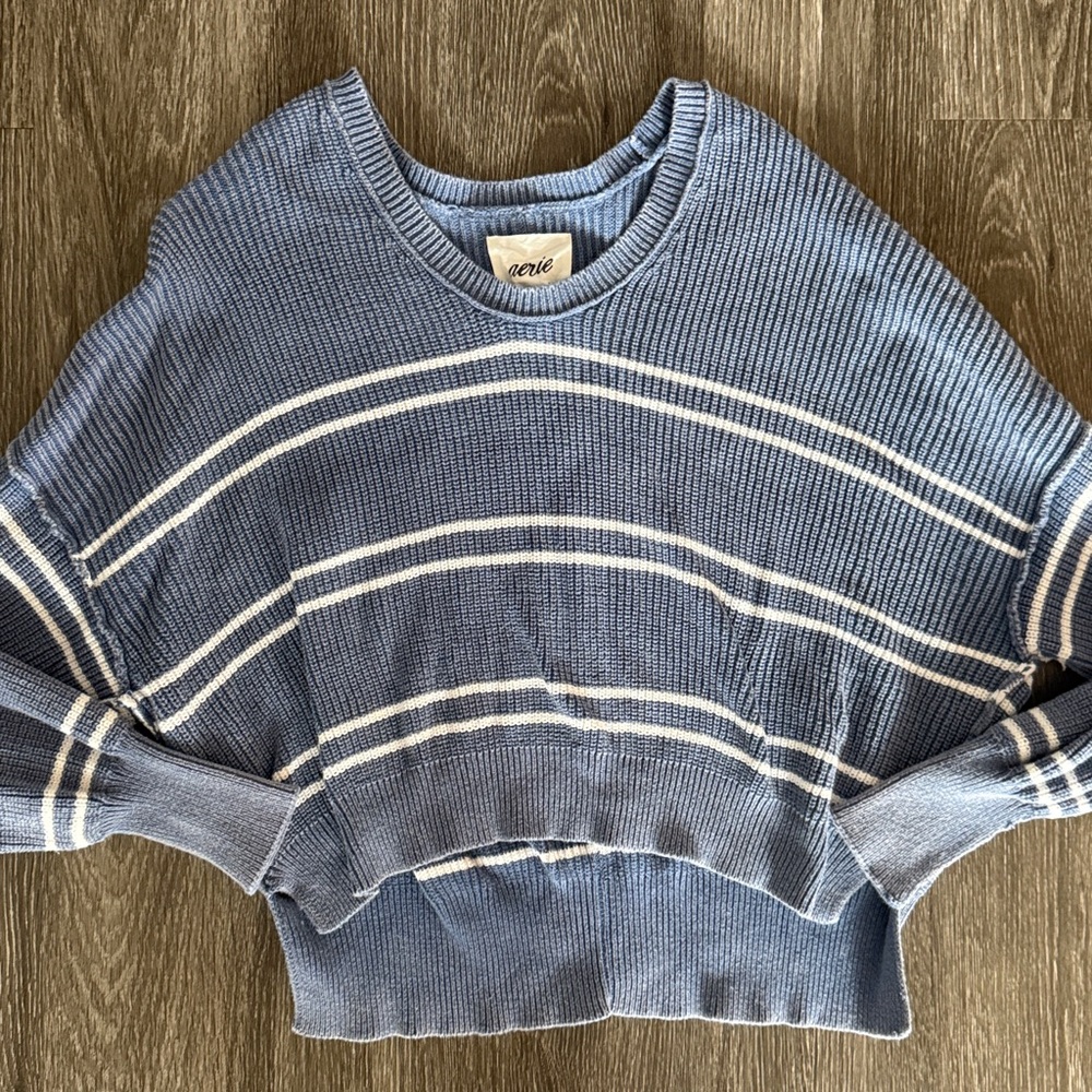 Aerie Blue and White Striped Crew Neck Sweater